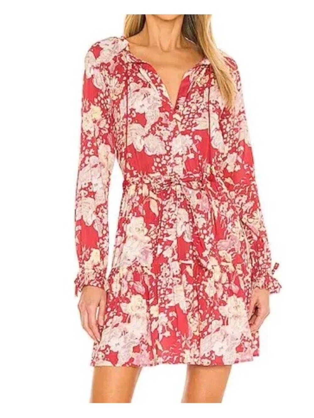 PAIGE Red Floral Boho Mini Dress Long Sleeve Flowy Peasant Dress